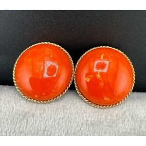 Vintage Marvella Clip On Earrings Red Orange Acrylic Gold Tone Signed